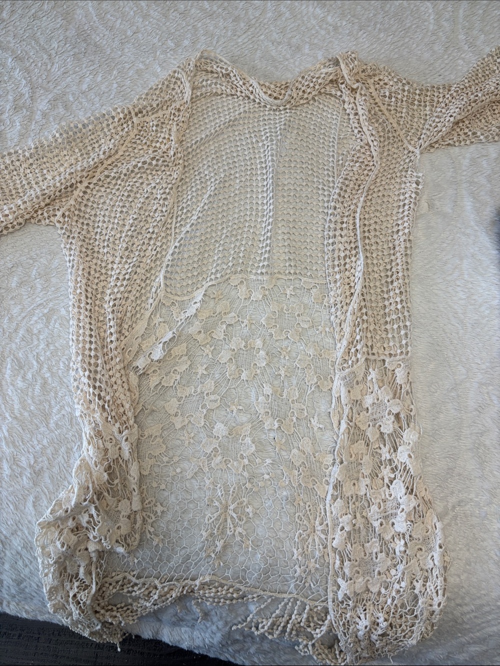 Light Beige Crochet Open-Front Cardigan Sweater